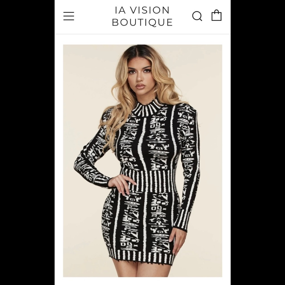 ANCIENT PRINT LONG SLEEVE BODYCON MINI DRESS.